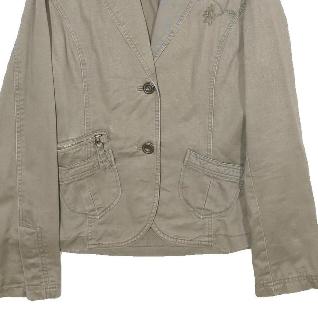 ZARA Womens Beige Cotton Jacket L Button Plain Floral Embroidered Detail