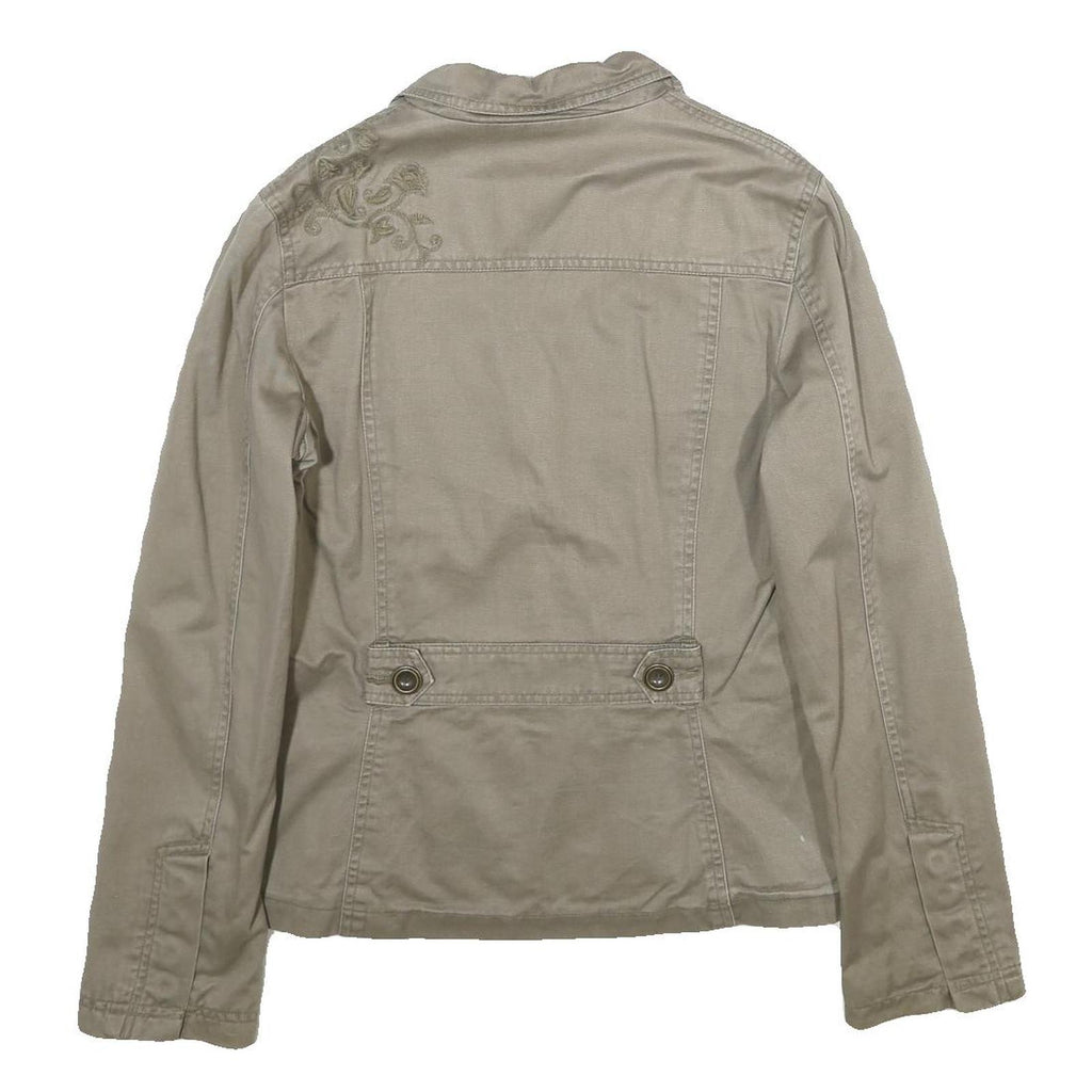 ZARA Womens Beige Cotton Jacket L Button Plain Floral Embroidered Detail