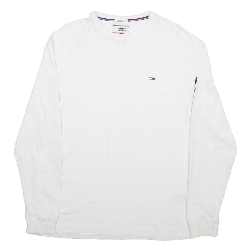 TOMMY JEANS Mens White Long Sleeve Crew Neck Logo Print T-Shirt M Cotton Blend