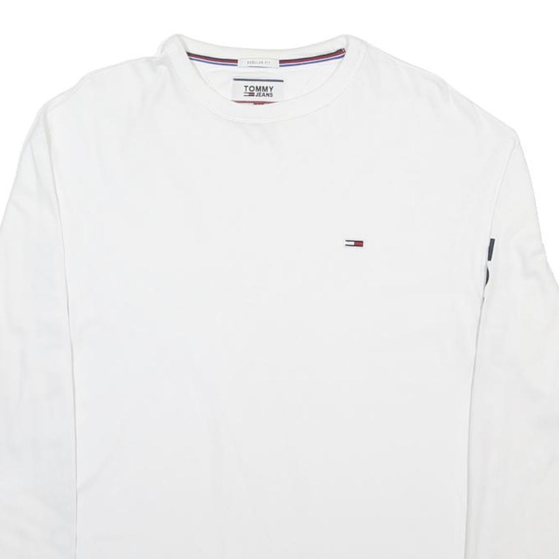 TOMMY JEANS Mens White Long Sleeve Crew Neck Logo Print T-Shirt M Cotton Blend