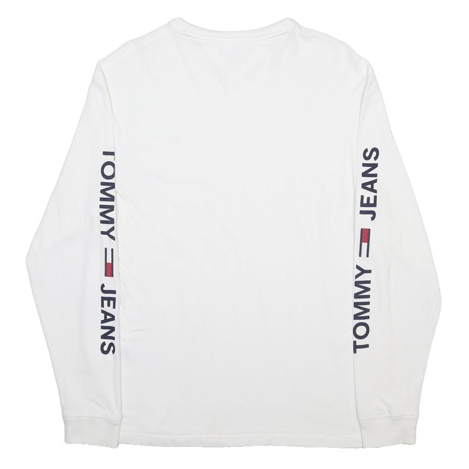 TOMMY JEANS Mens White Long Sleeve Crew Neck Logo Print T-Shirt M Cotton Blend