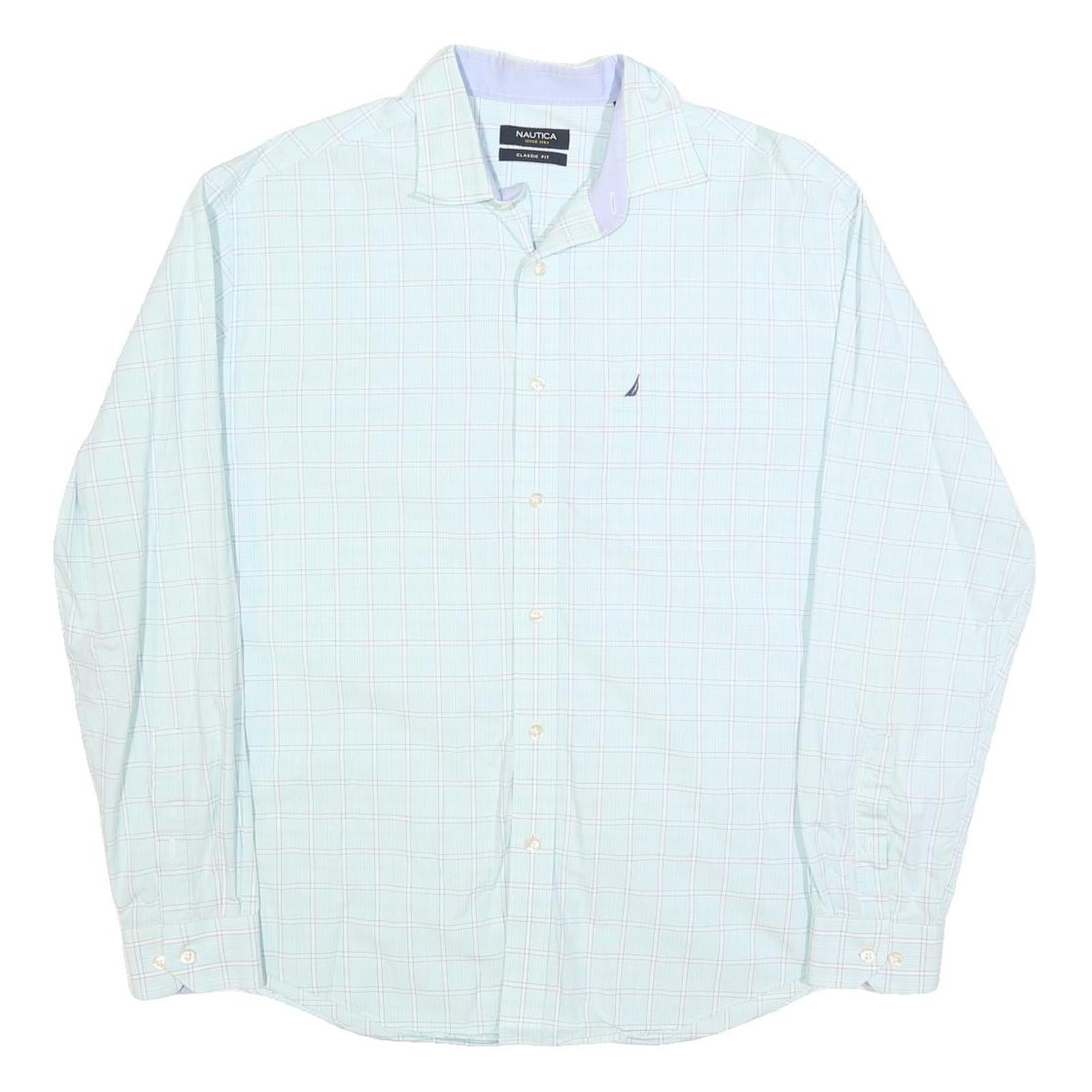NAUTICA Mens White Blue Check Classic Fit Shirt L Cotton Blend Long Sleeve