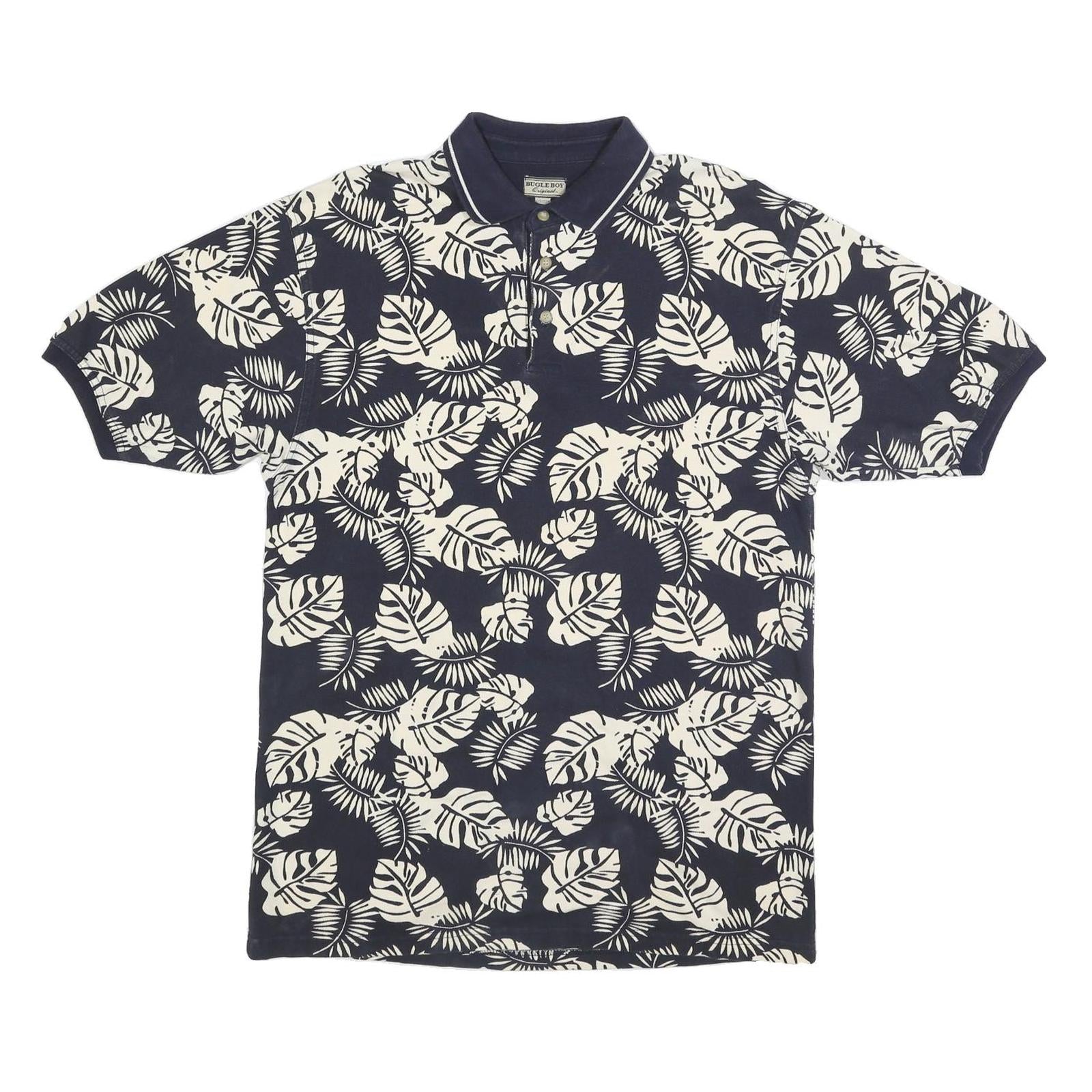BUGLE BOY Mens Navy & Cream Leaf Print Short Sleeve Polo Shirt L Cotton Blend