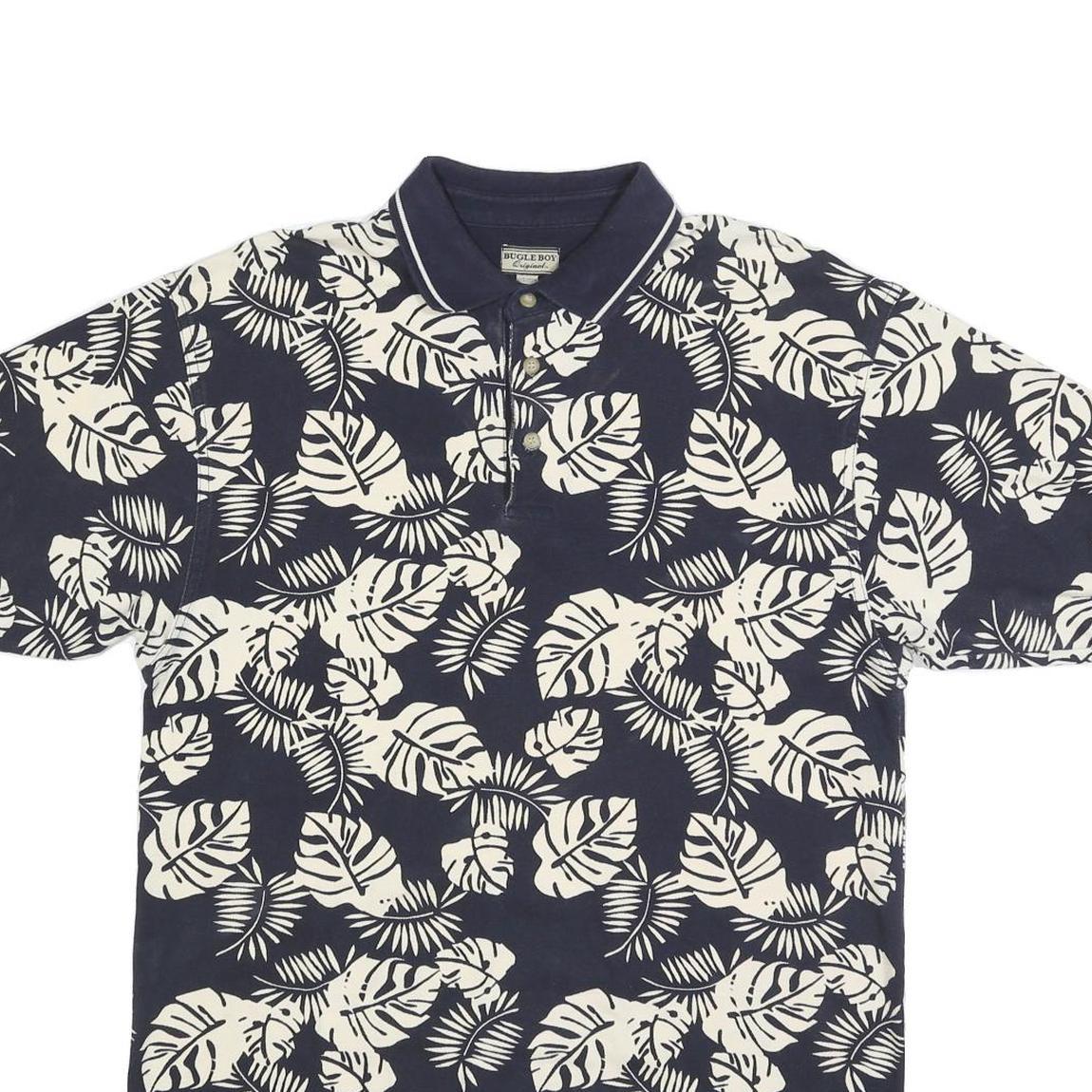 BUGLE BOY Mens Navy & Cream Leaf Print Short Sleeve Polo Shirt L Cotton Blend