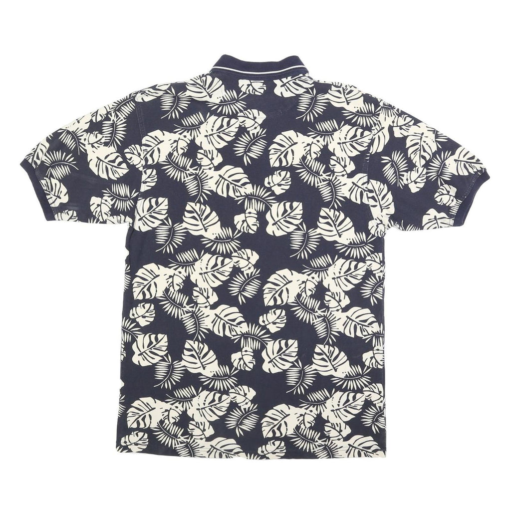 BUGLE BOY Mens Navy & Cream Leaf Print Short Sleeve Polo Shirt L Cotton Blend