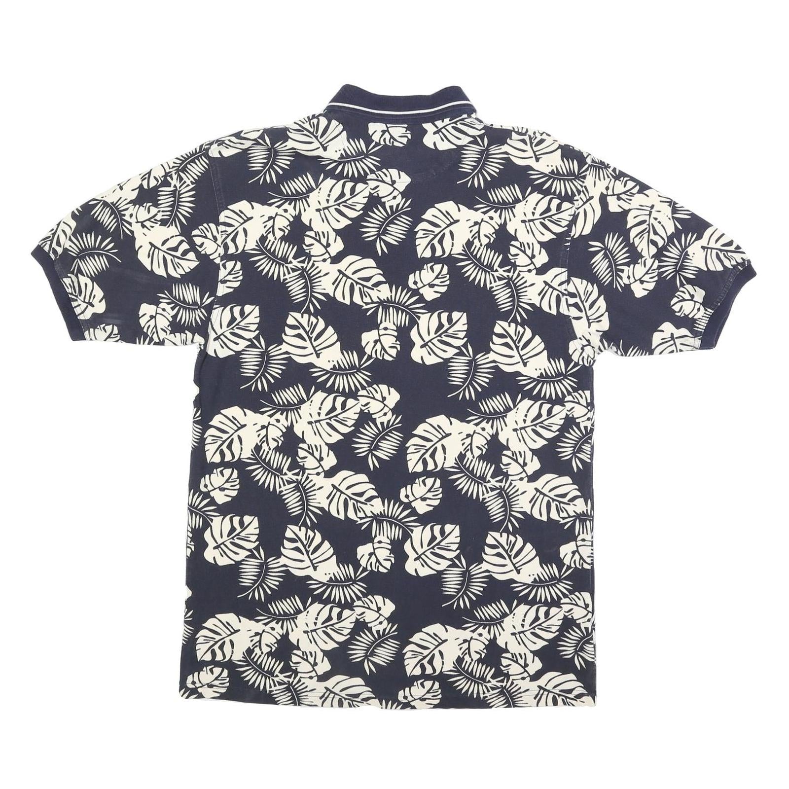 BUGLE BOY Mens Navy & Cream Leaf Print Short Sleeve Polo Shirt L Cotton Blend