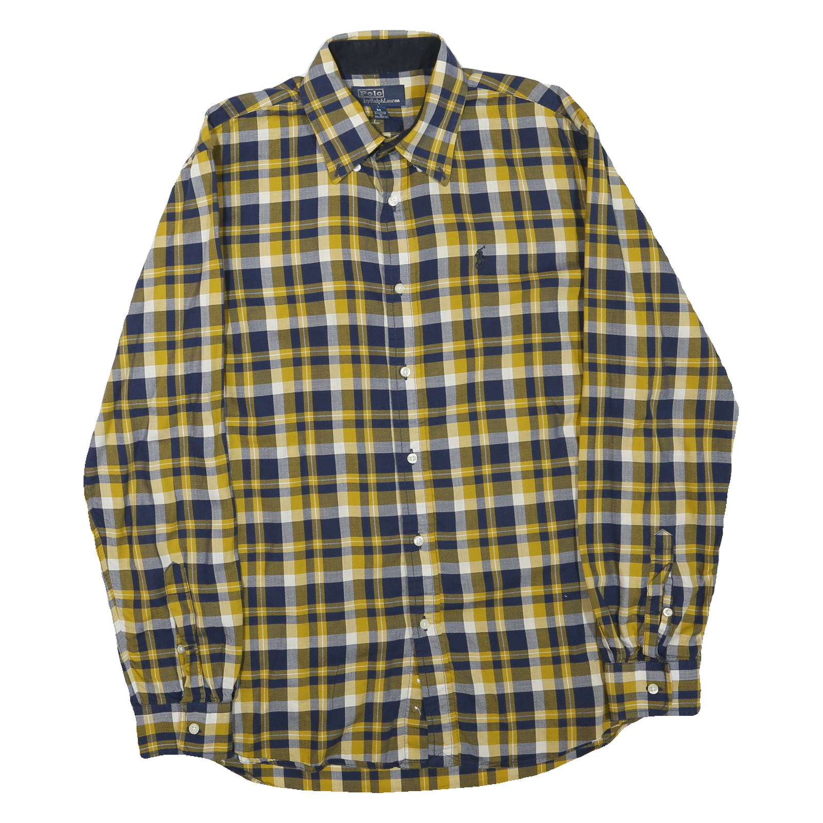 POLO RALPH LAUREN Mens Yellow & Navy Check Shirt M Classic Cotton Blend Long