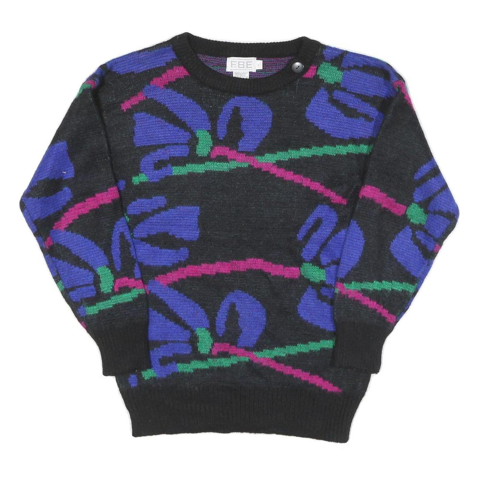 FABE Womens Black Blue & Pink Abstract Patterned Jumper Round Neck Chunky Knit S