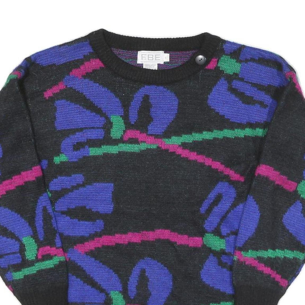FABE Womens Black Blue & Pink Abstract Patterned Jumper Round Neck Chunky Knit S