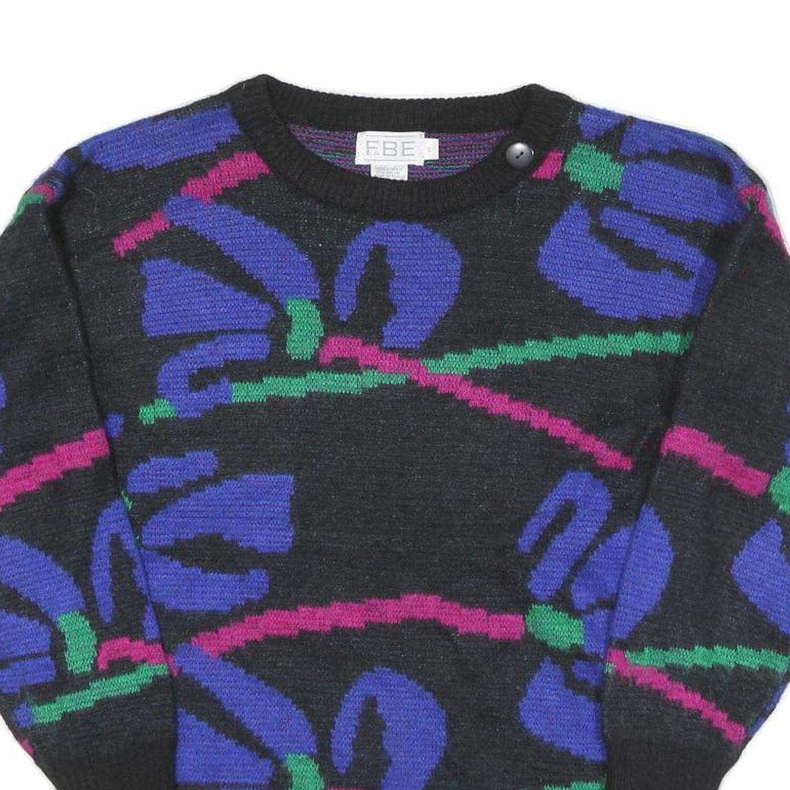 FABE Womens Black Blue & Pink Abstract Patterned Jumper Round Neck Chunky Knit S