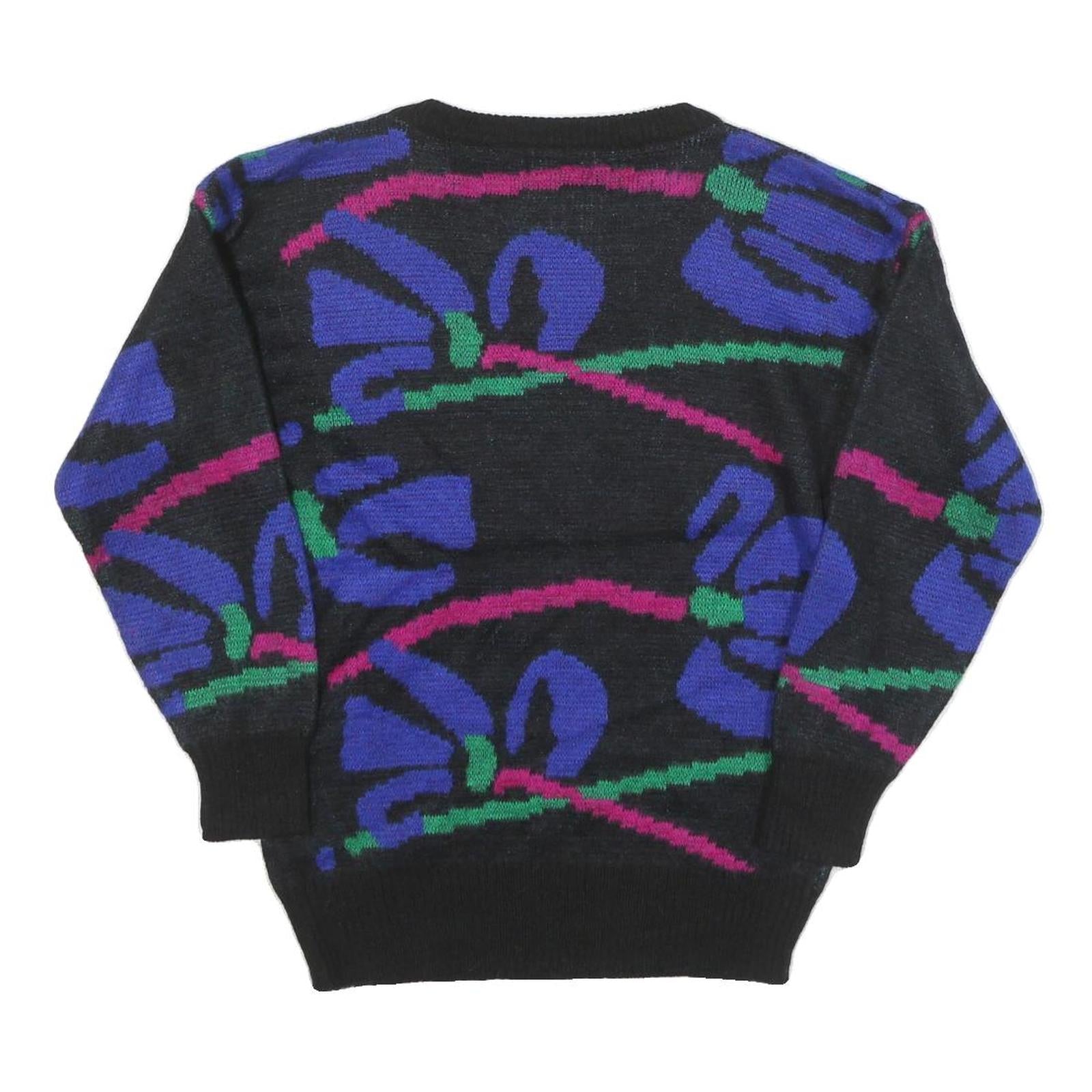 FABE Womens Black Blue & Pink Abstract Patterned Jumper Round Neck Chunky Knit S