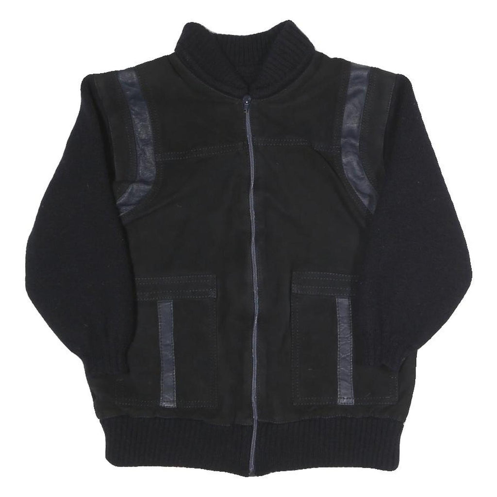 Mens Black Polyester Blend Zip Jacket S Ribbed Collar Rib Knit Pockets