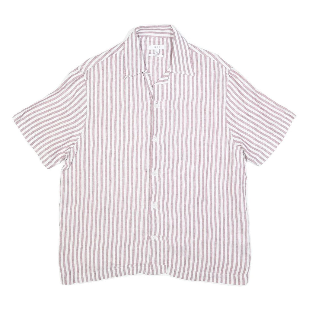 REISS Mens Pink & White Stripe Linen Shirt L Lightweight Summer Casual