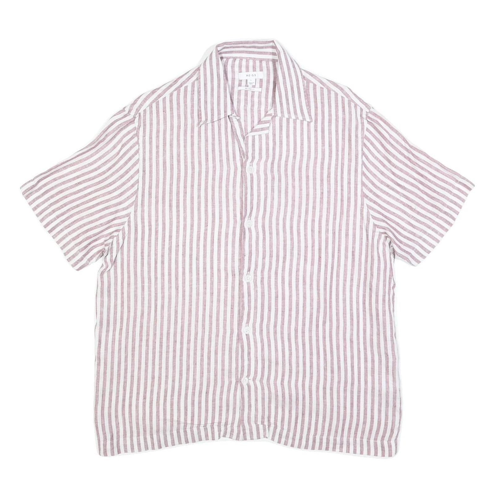 REISS Mens Pink & White Stripe Linen Shirt L Lightweight Summer Casual