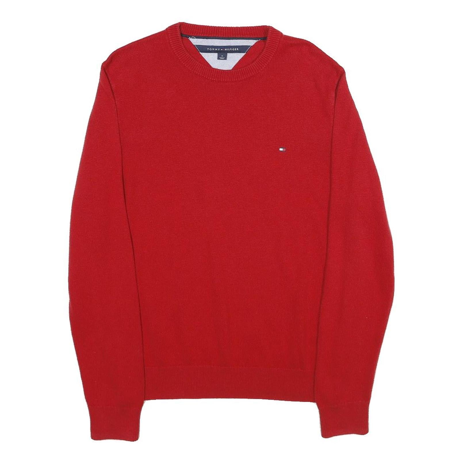 TOMMY HILFIGER Mens Red Plain Crew Neck Basic Knit M Jumper Cotton Blend
