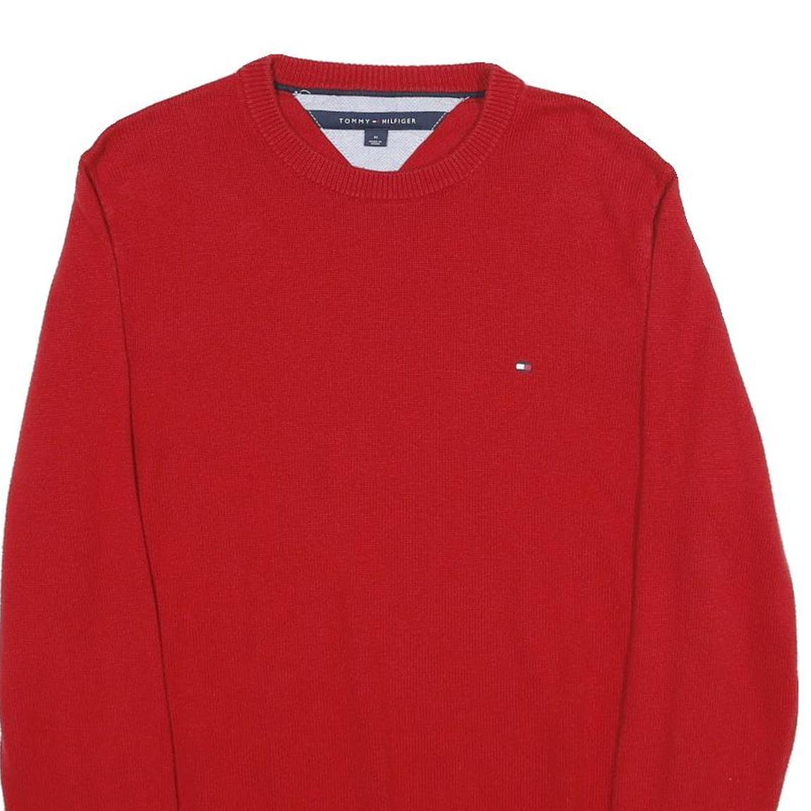 TOMMY HILFIGER Mens Red Plain Crew Neck Basic Knit M Jumper Cotton Blend