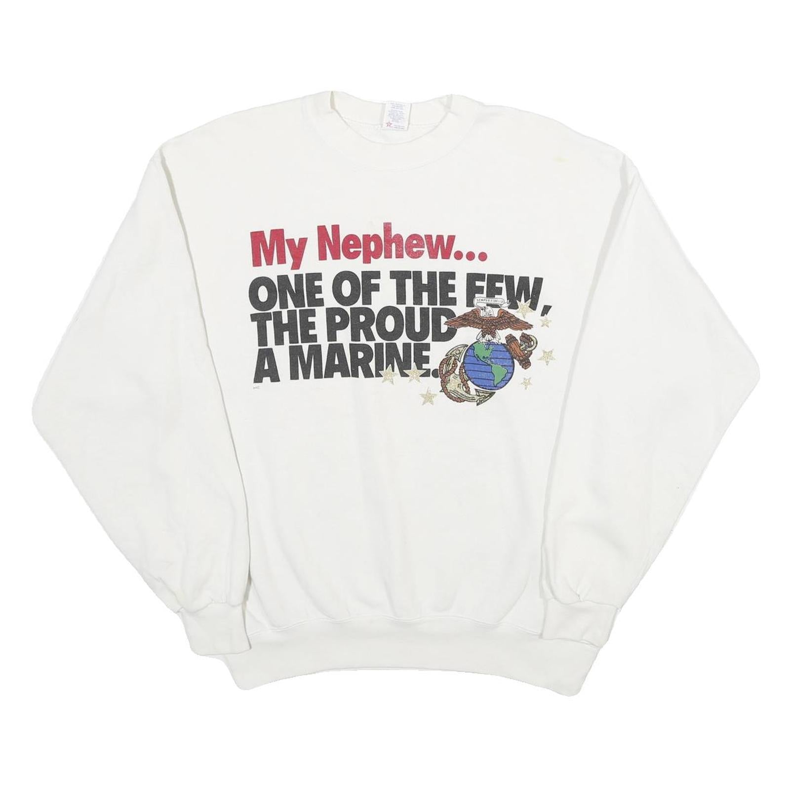 SOFFE SWEATS Mens White My Nephew Proud A Marine Crew Neck L Cotton Sweatshirt