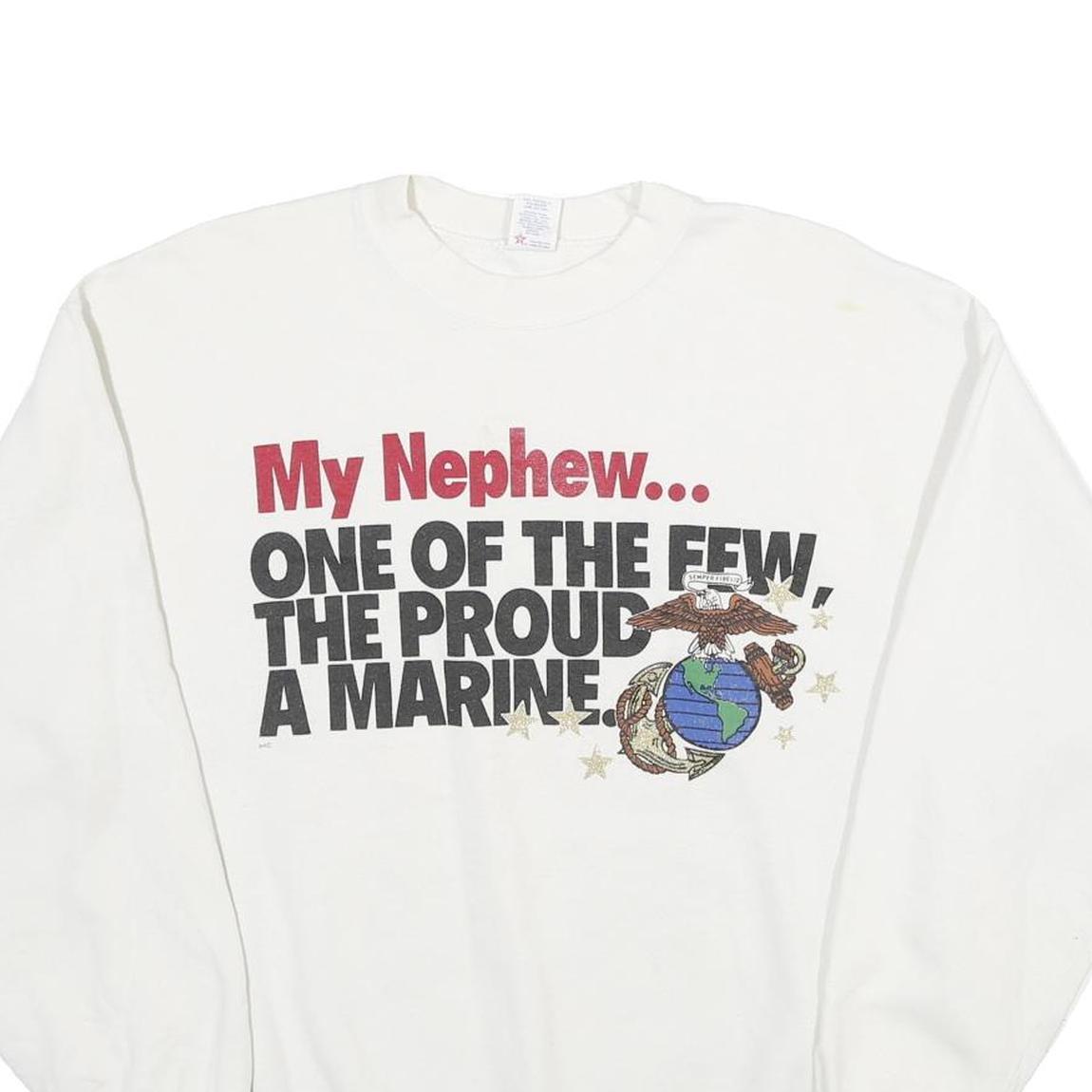SOFFE SWEATS Mens White My Nephew Proud A Marine Crew Neck L Cotton Sweatshirt