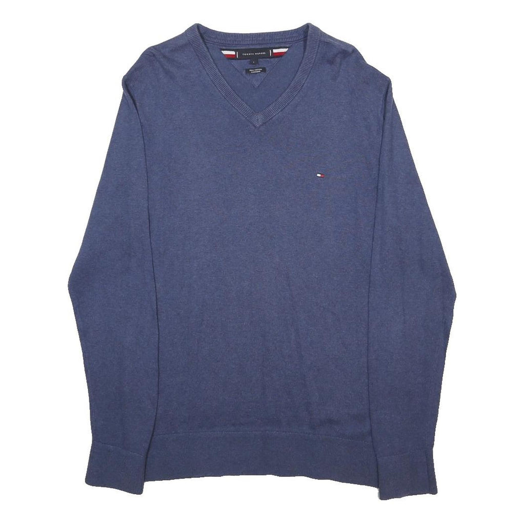 TOMMY HILFIGER Mens Blue Plain V-Neck Basic Knit Jumper L Cotton Blend Classic