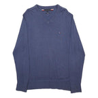 TOMMY HILFIGER Mens Blue Plain V-Neck Basic Knit Jumper L Cotton Blend Classic