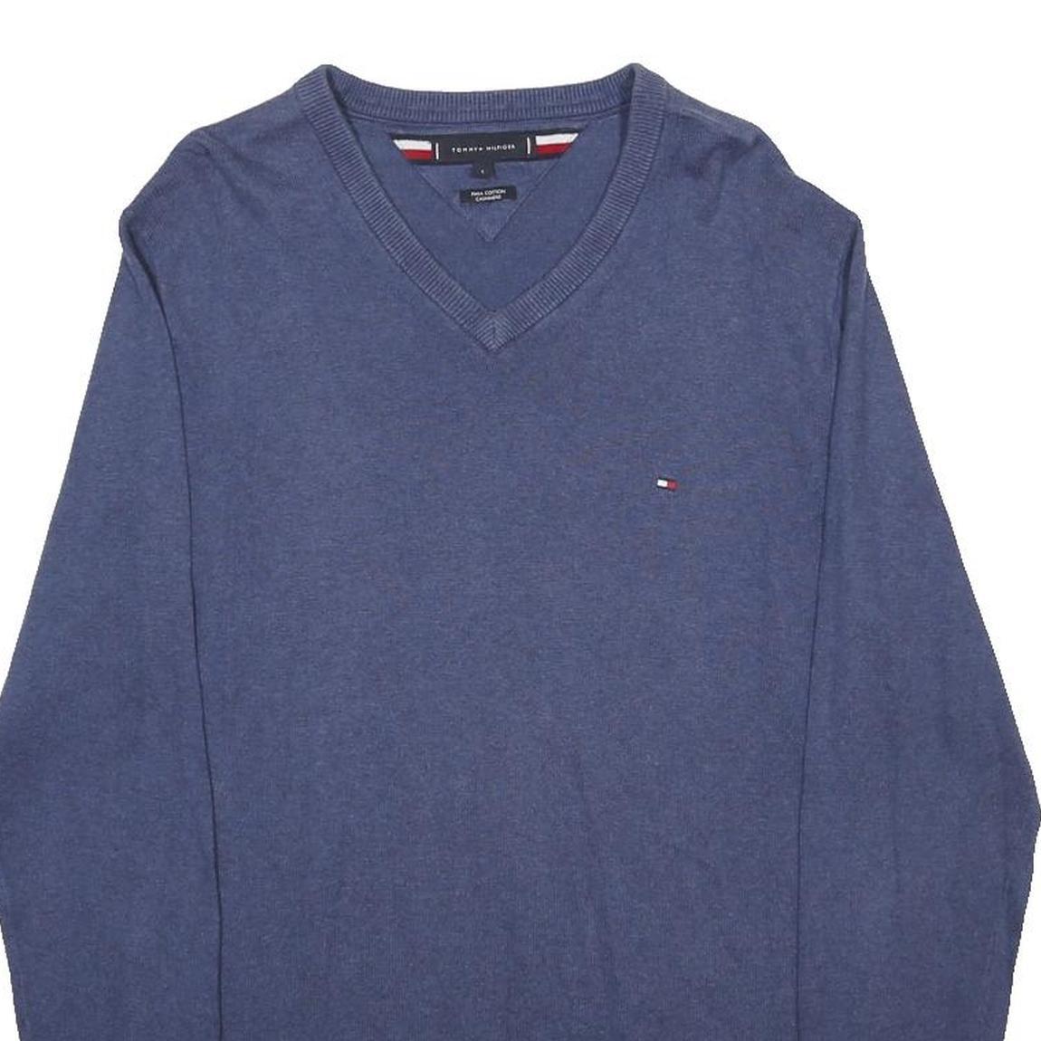 TOMMY HILFIGER Mens Blue Plain V-Neck Basic Knit Jumper L Cotton Blend Classic
