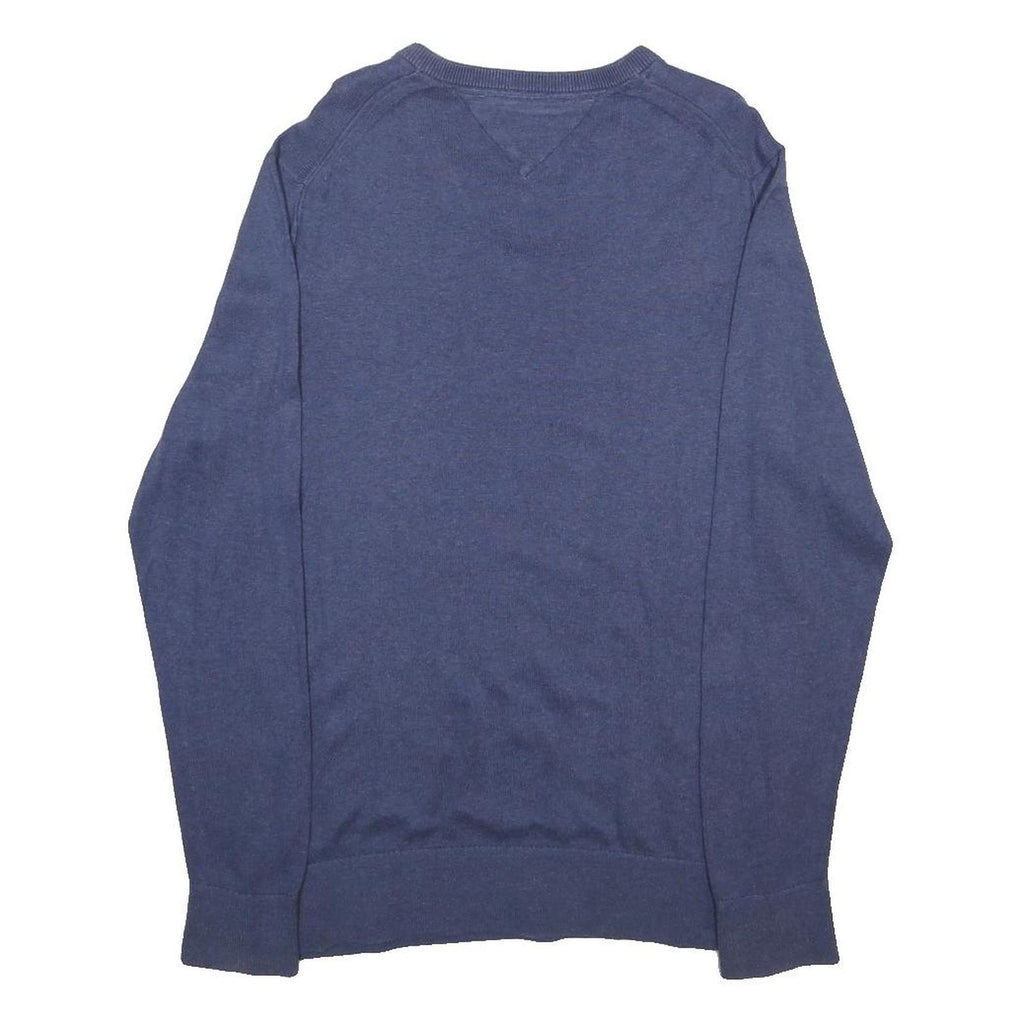 TOMMY HILFIGER Mens Blue Plain V-Neck Basic Knit Jumper L Cotton Blend Classic