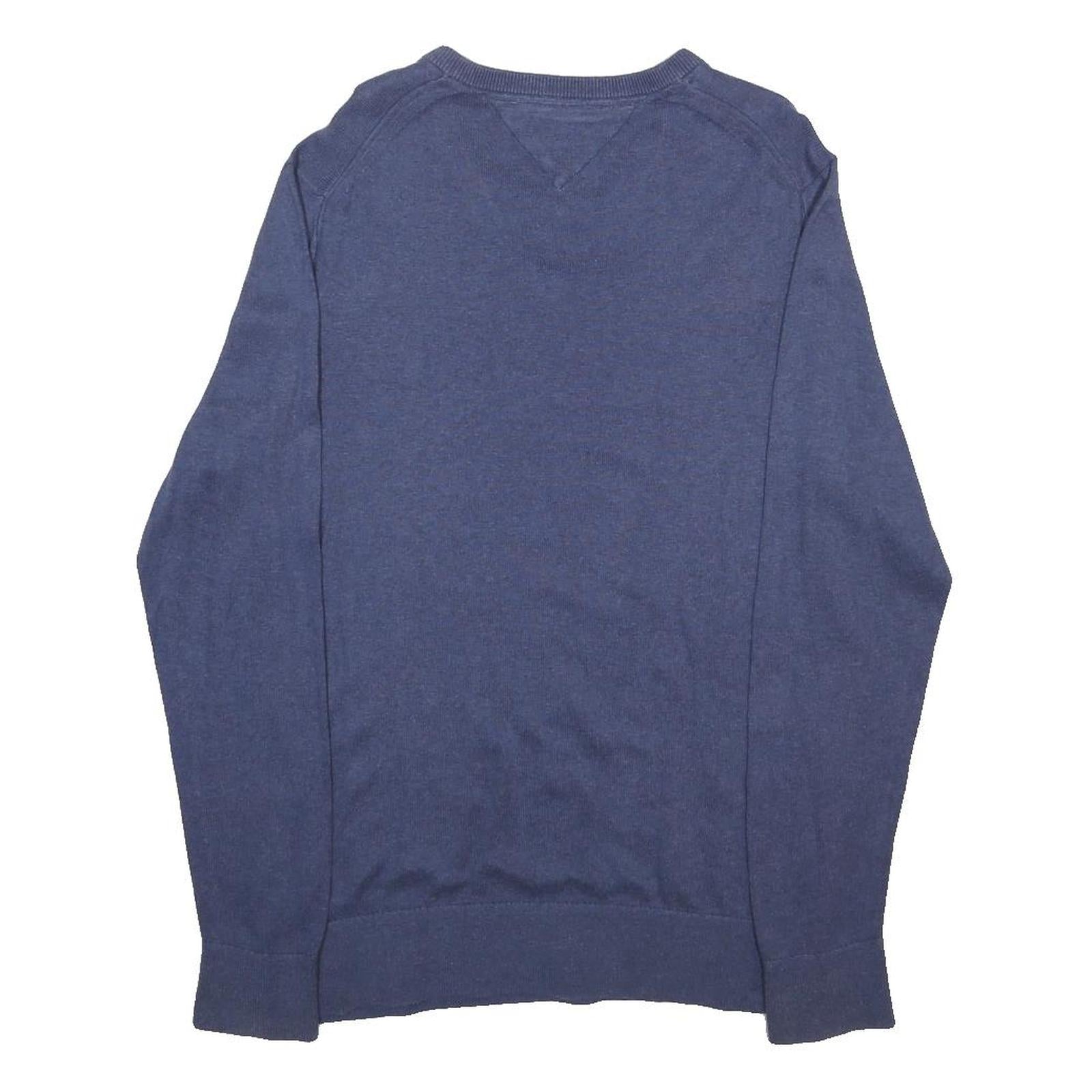 TOMMY HILFIGER Mens Blue Plain V-Neck Basic Knit Jumper L Cotton Blend Classic