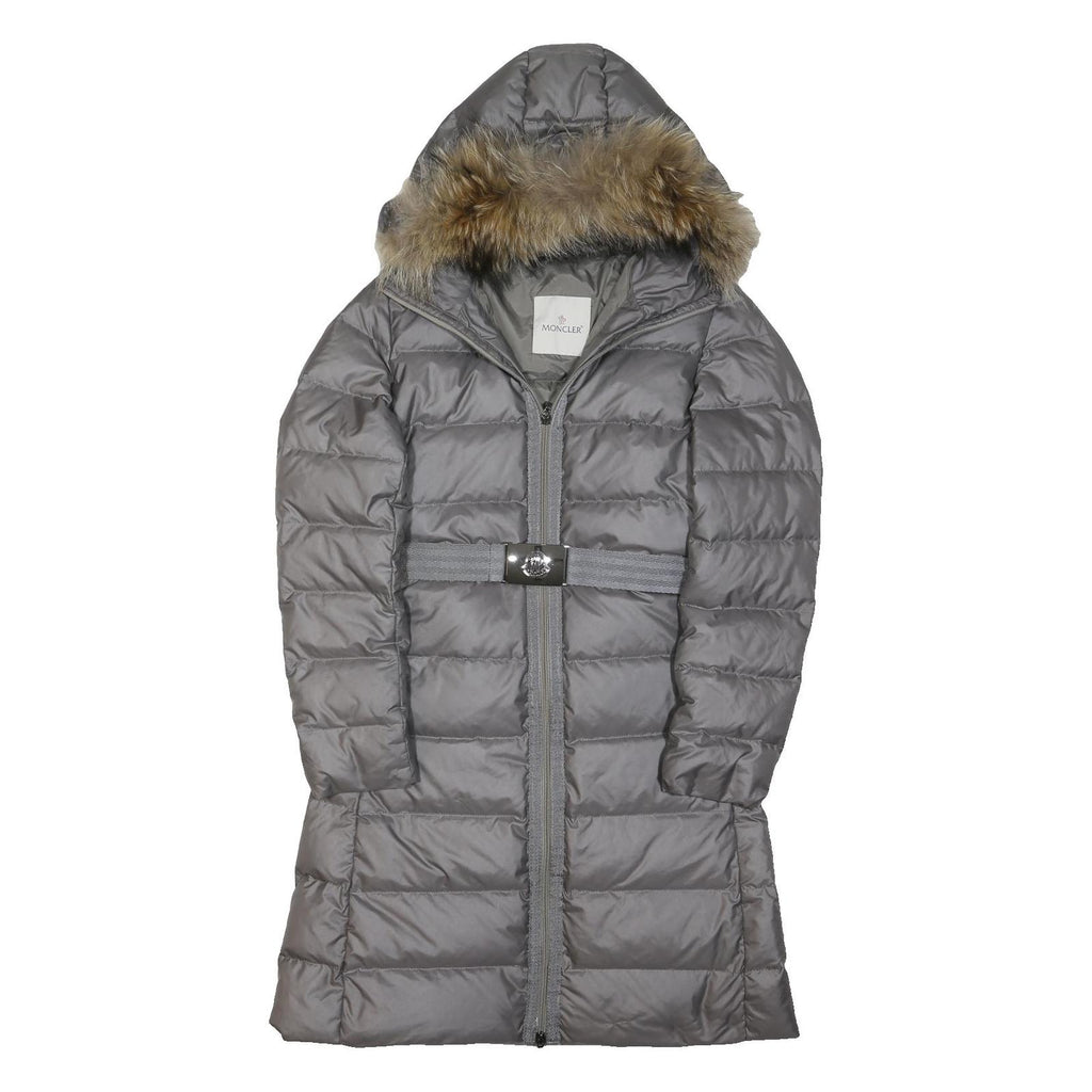 MONCLER Womens Grey Quilted Jacket S Polyester Blend Hooded Zip Belted