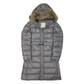 MONCLER Womens Grey Quilted Jacket S Polyester Blend Hooded Zip Belted
