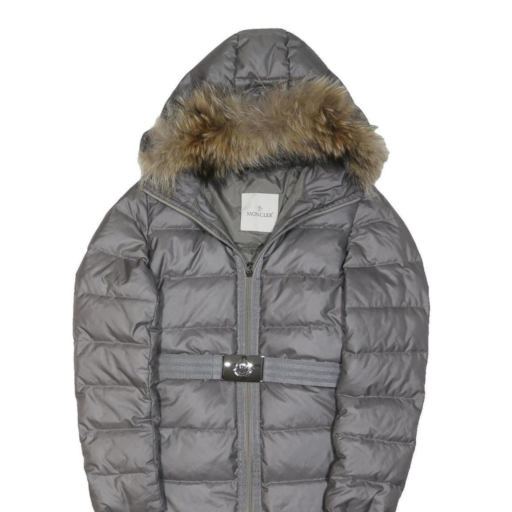 MONCLER Womens Grey Quilted Jacket S Polyester Blend Hooded Zip Belted