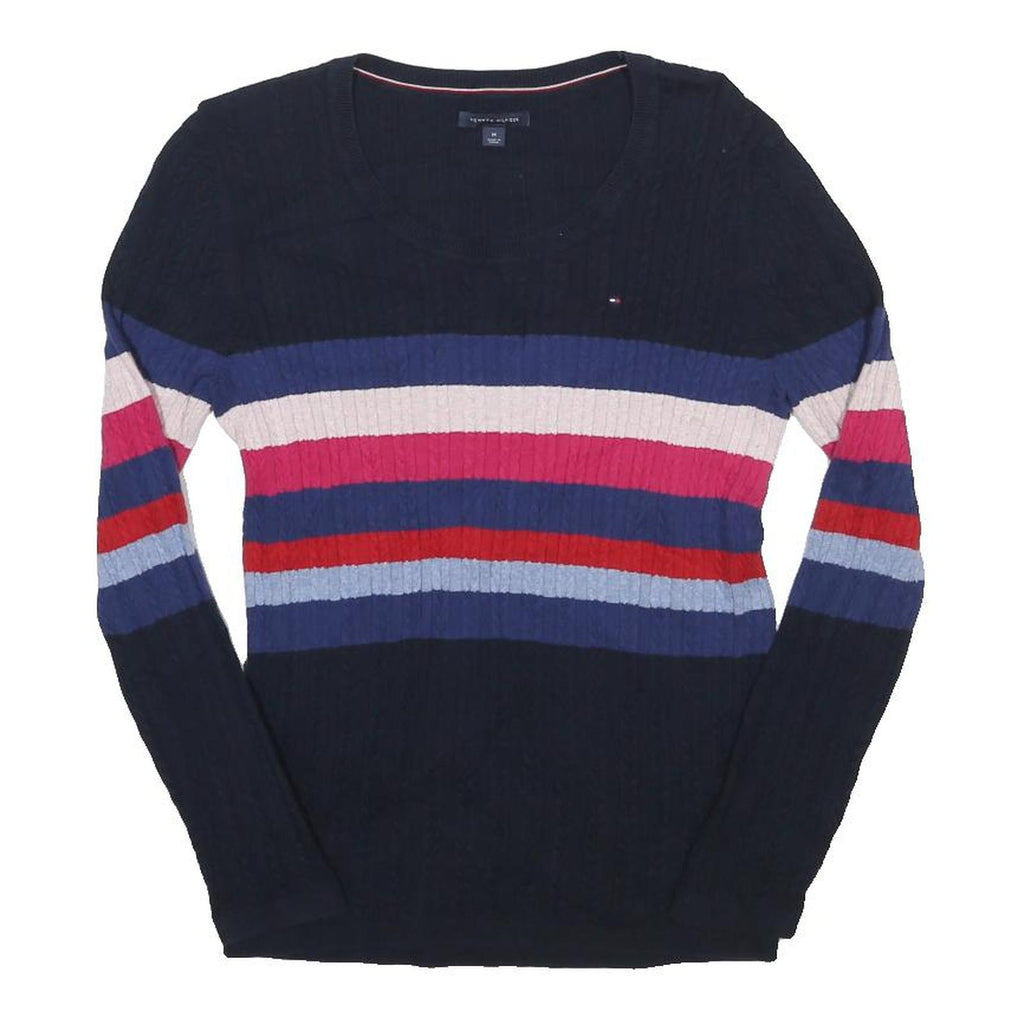 TOMMY HILFIGER Womens Navy Blue Cream Red Striped Patterned Crew Neck Chunky