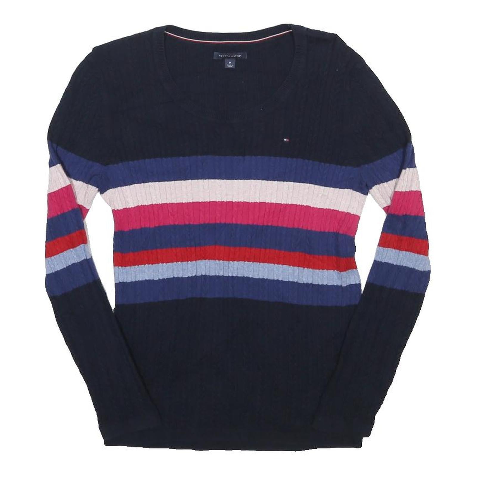 TOMMY HILFIGER Womens Navy Blue Cream Red Striped Patterned Crew Neck Chunky