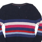 TOMMY HILFIGER Womens Navy Blue Cream Red Striped Patterned Crew Neck Chunky
