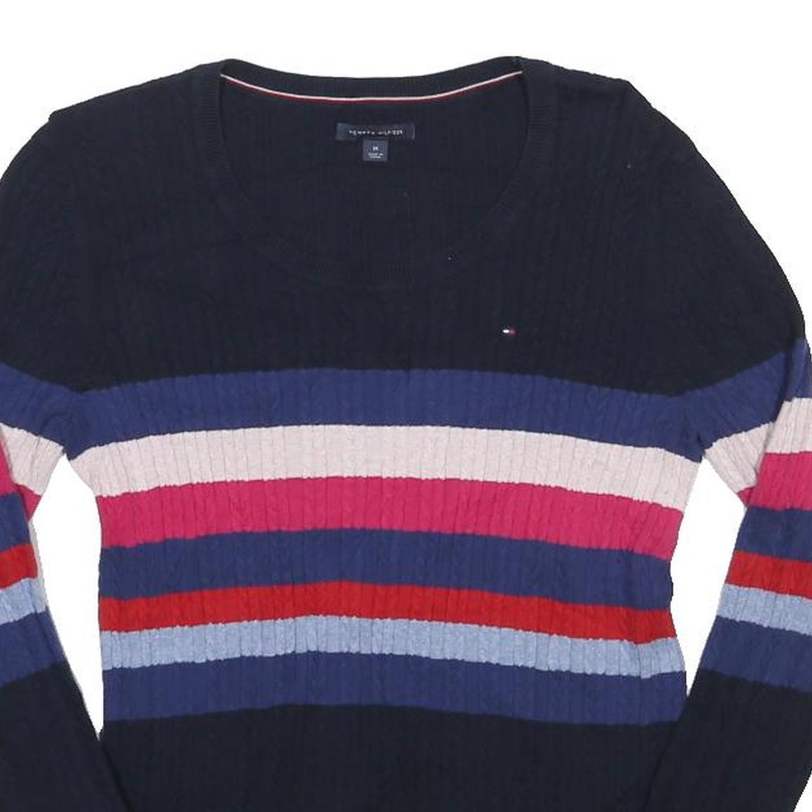 TOMMY HILFIGER Womens Navy Blue Cream Red Striped Patterned Crew Neck Chunky