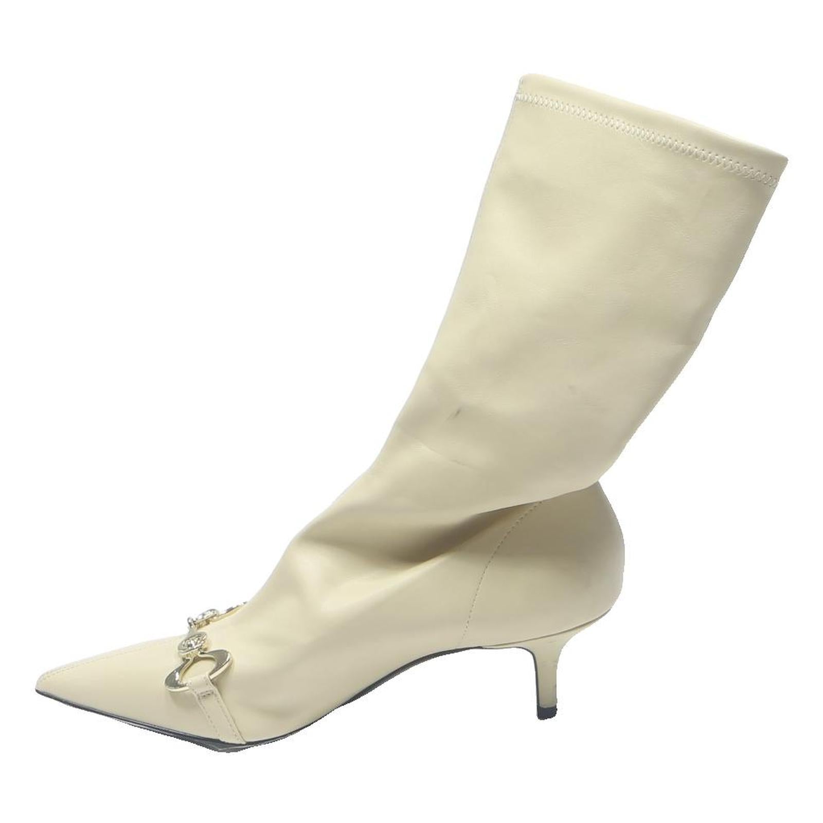 CHARLES & KEITH Womens Pointed Toe Leather Ankle Boots Cream UK 5 Stylish