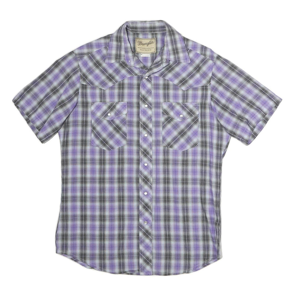 WRANGLER Mens Purple & Grey Check Shirt L Western Style Short Sleeve Cotton