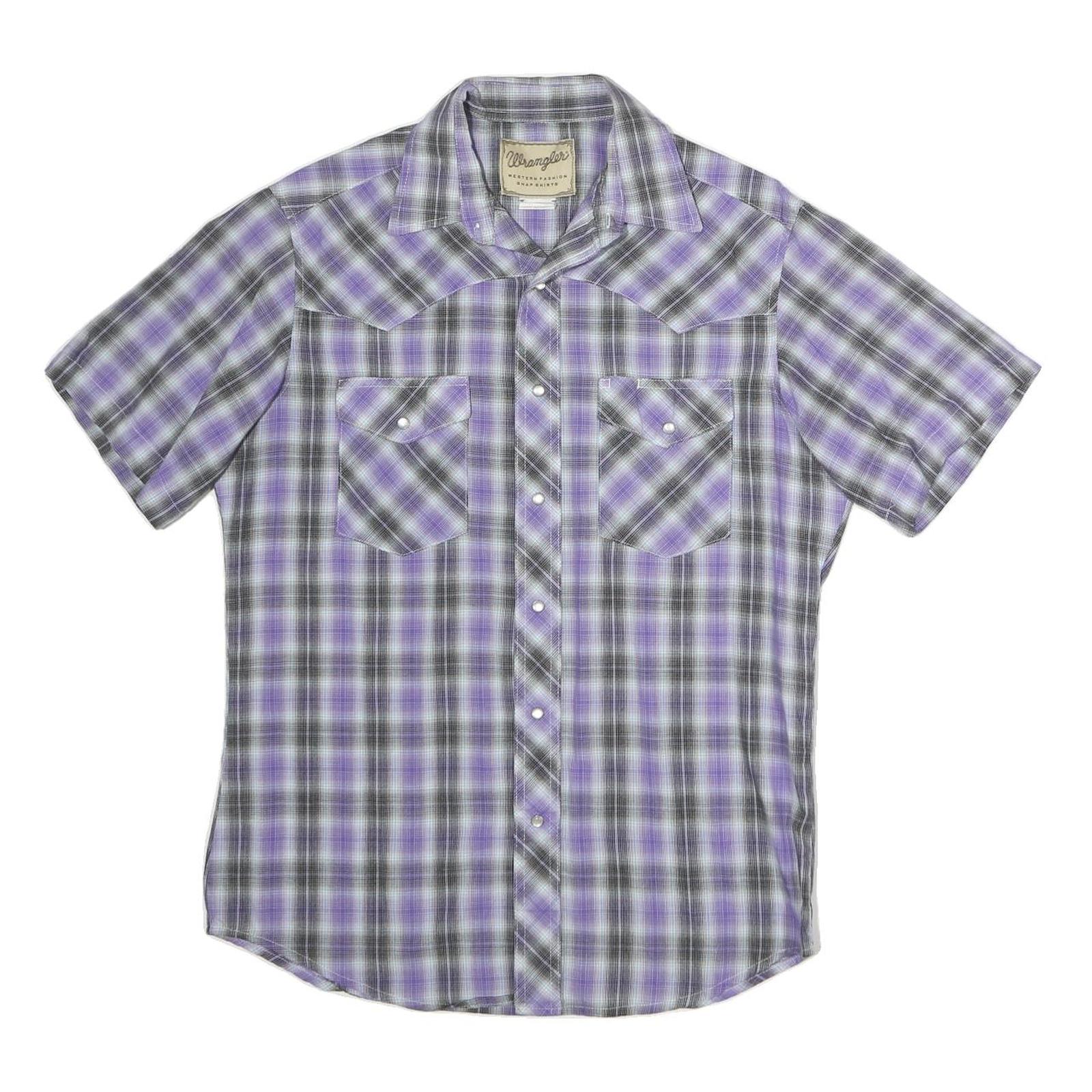 WRANGLER Mens Purple & Grey Check Shirt L Western Style Short Sleeve Cotton