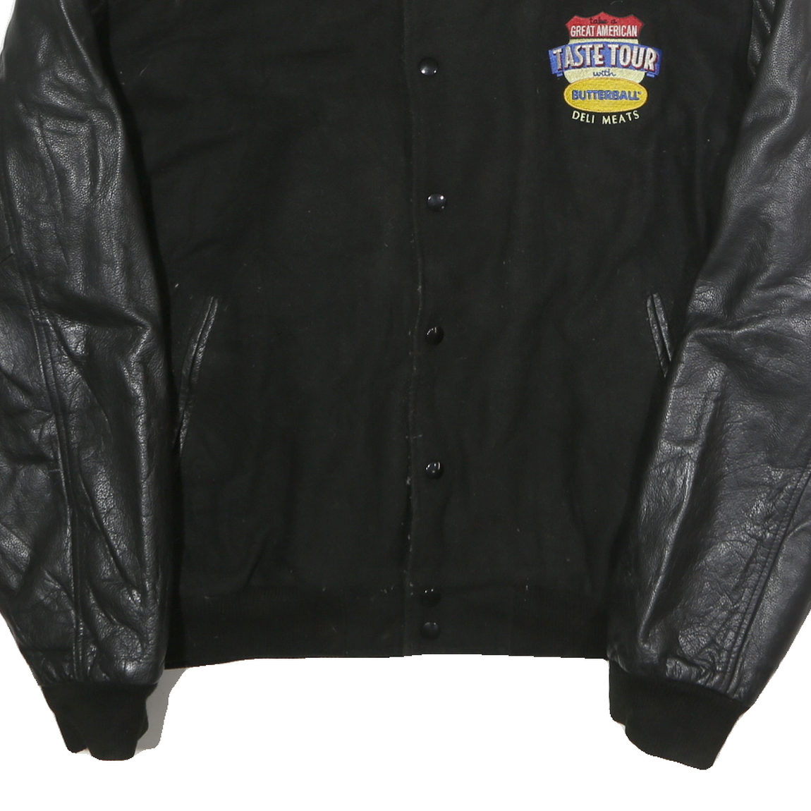 NEW LANDER Mens Black Leather Sleeve Button Jacket L Polyester Blend Casual