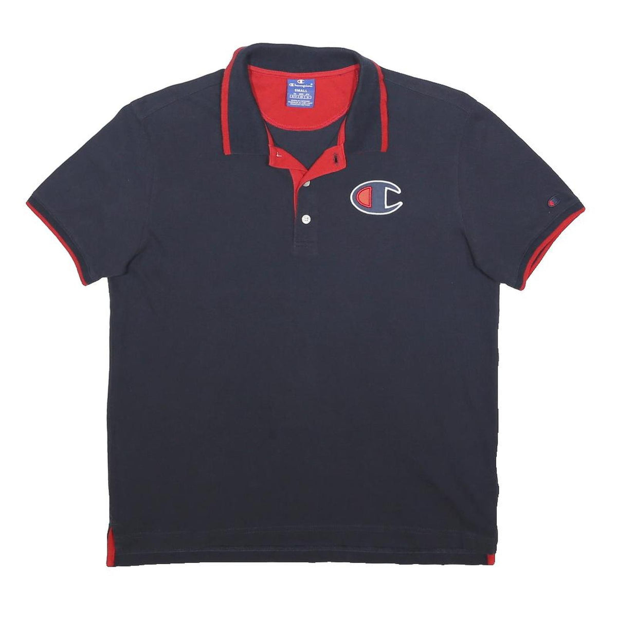 CHAMPION Mens Navy Blue Red Logo Short Sleeve Polo Shirt S Casual Classic Fit