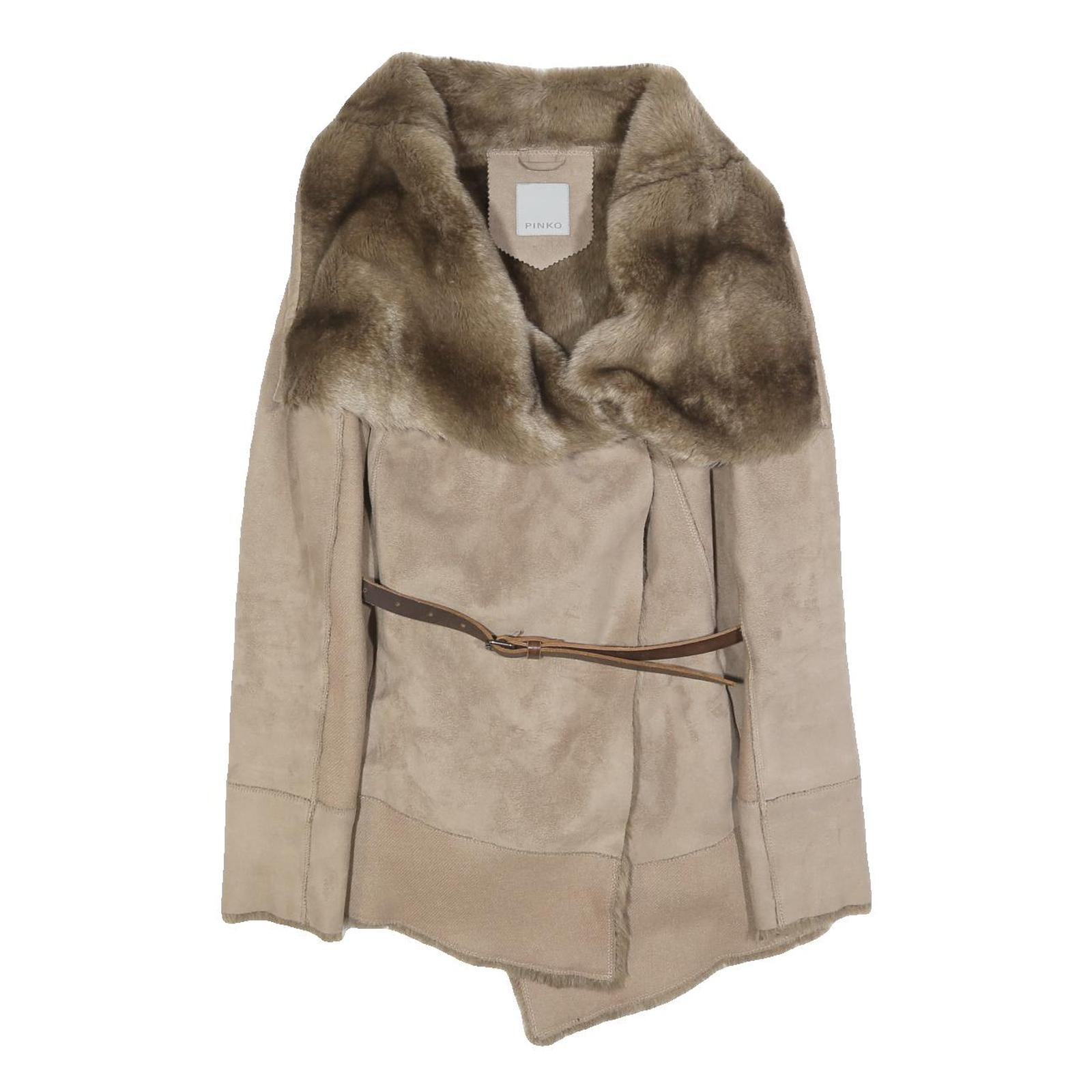 PINKO Womens Beige Faux Fur Collar Draped Jacket UK 8 Polyester Button Closure