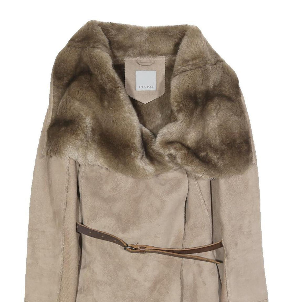 PINKO Womens Beige Faux Fur Collar Draped Jacket UK 8 Polyester Button Closure