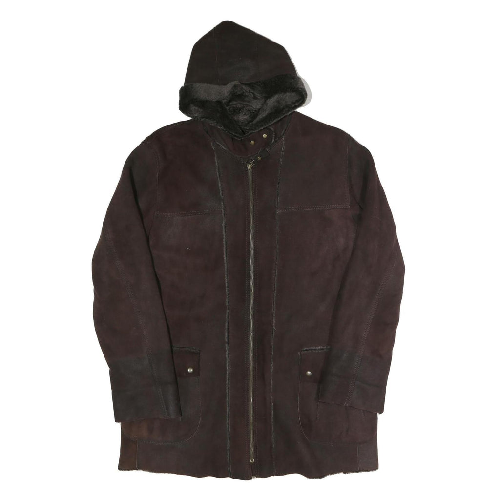 Womens Brown Faux Suede Hooded Jacket UK 16 Zip Plain Warm Casual