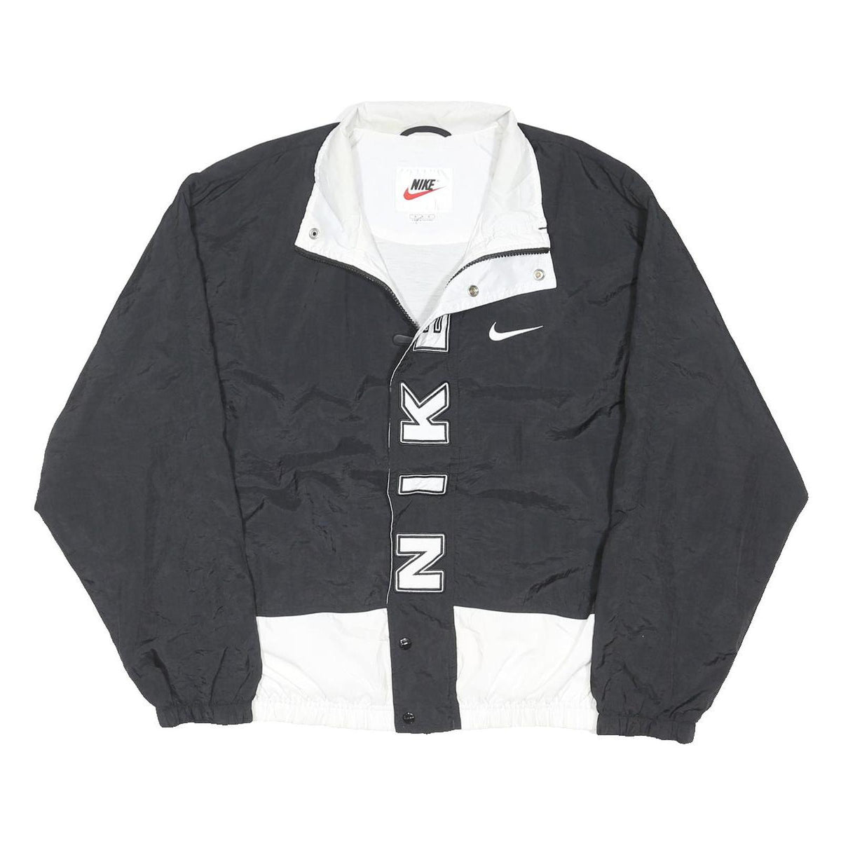 NIKE Mens Black & White Nylon Zip Jacket M Sportswear Large Logo Casual