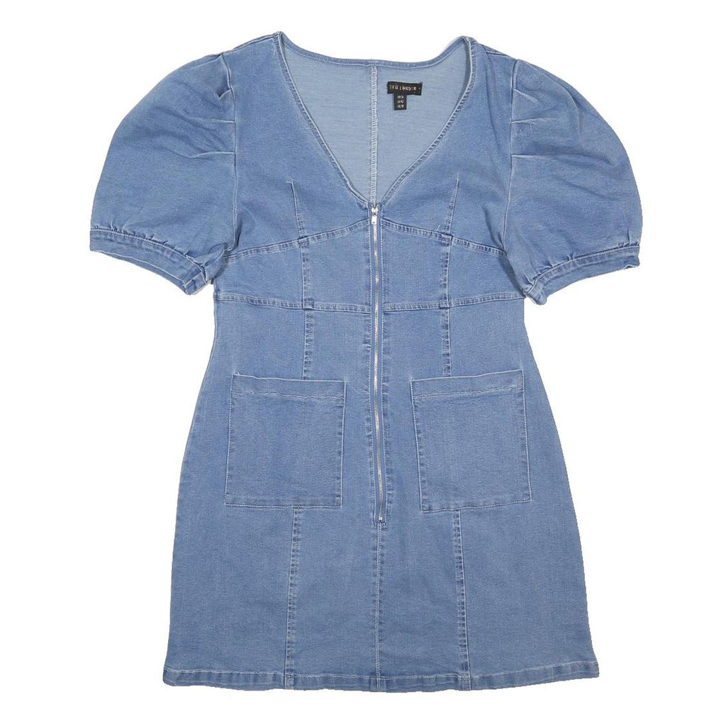 QED LONDON Womens Blue Denim Day Cotton Blend Dress UK 14 Puff Sleeve Zip Up