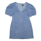 QED LONDON Womens Blue Denim Day Cotton Blend Dress UK 14 Puff Sleeve Zip Up