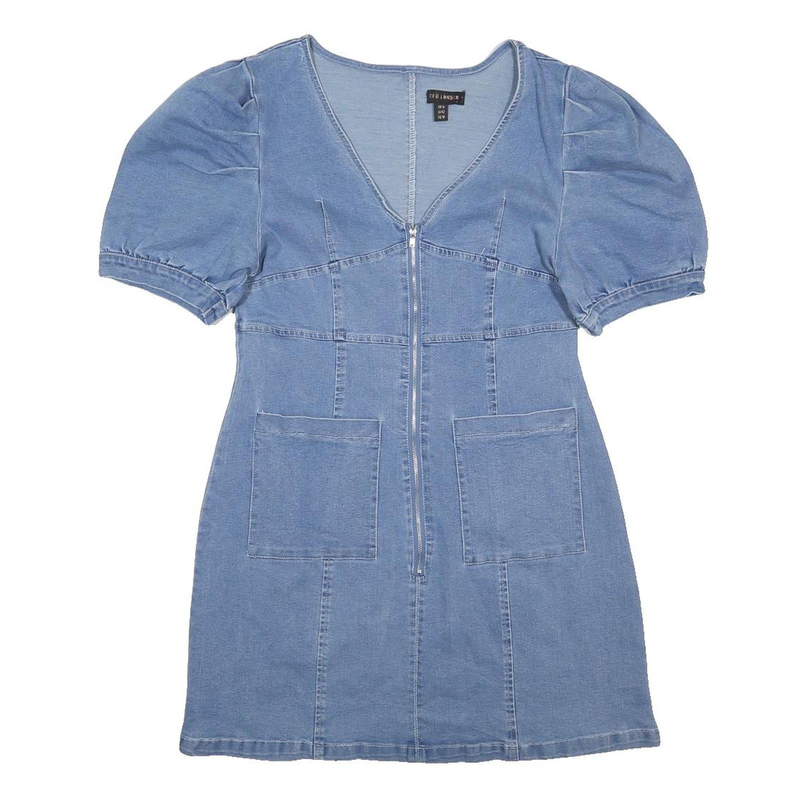 QED LONDON Womens Blue Denim Day Cotton Blend Dress UK 14 Puff Sleeve Zip Up