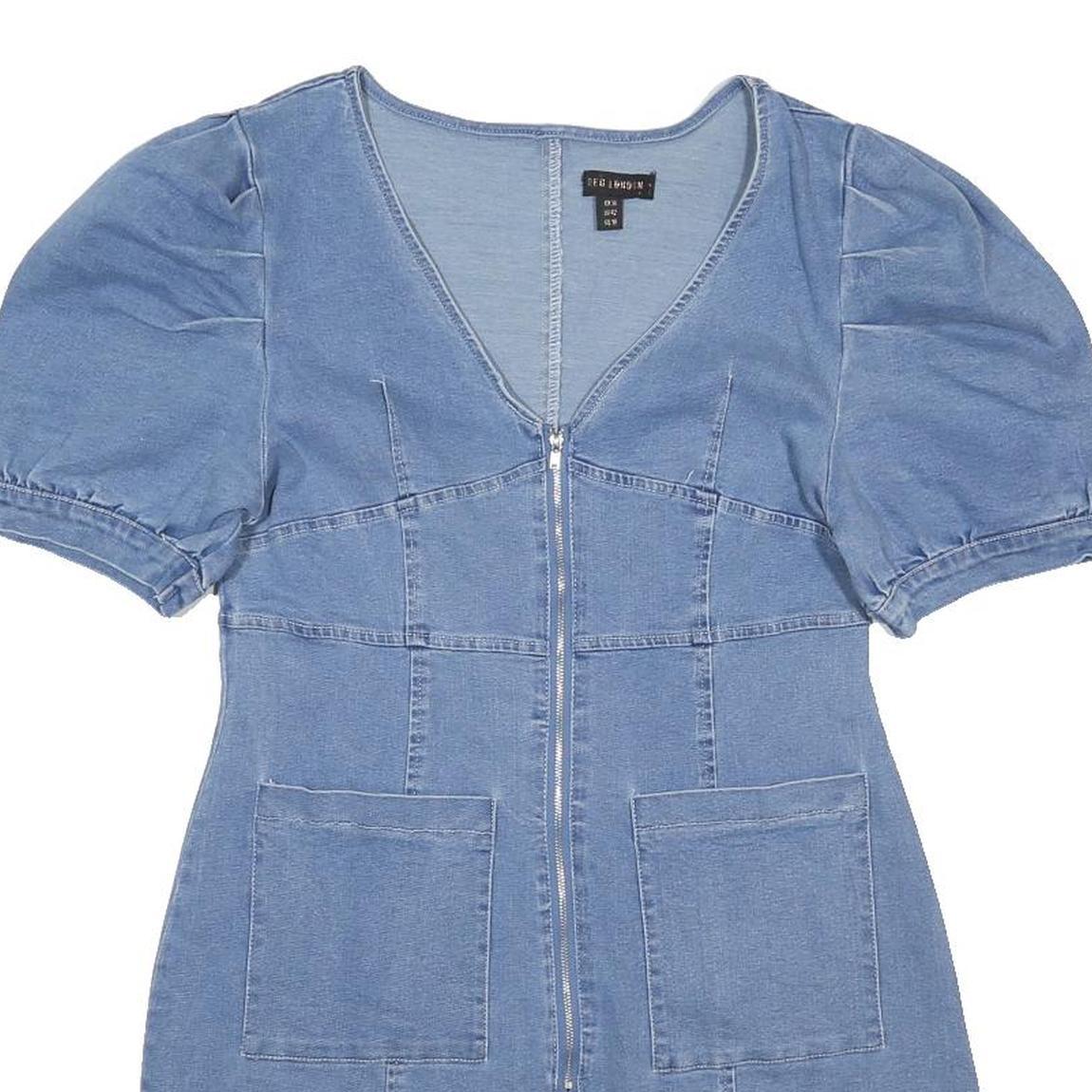 QED LONDON Womens Blue Denim Day Cotton Blend Dress UK 14 Puff Sleeve Zip Up