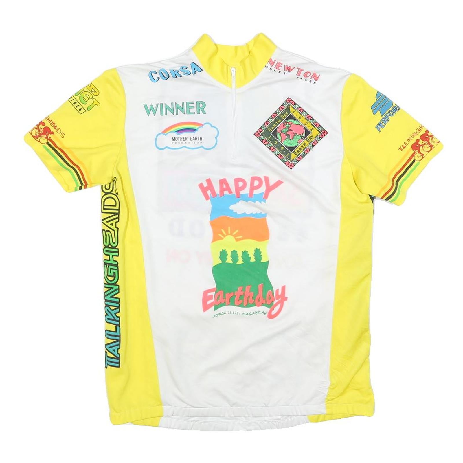 Mens White & Yellow Graphic T-Shirt L Short Sleeve Crew Neck Save Earth