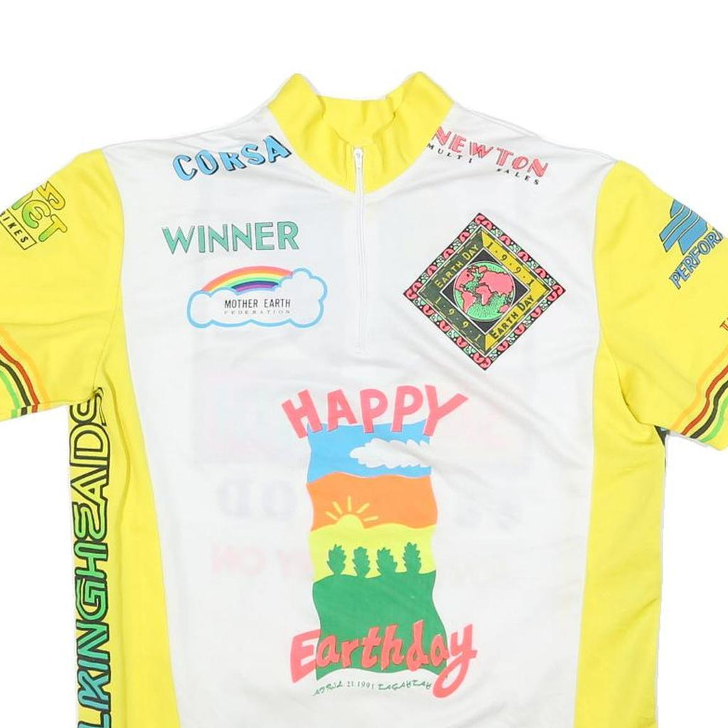 Mens White & Yellow Graphic T-Shirt L Short Sleeve Crew Neck Save Earth