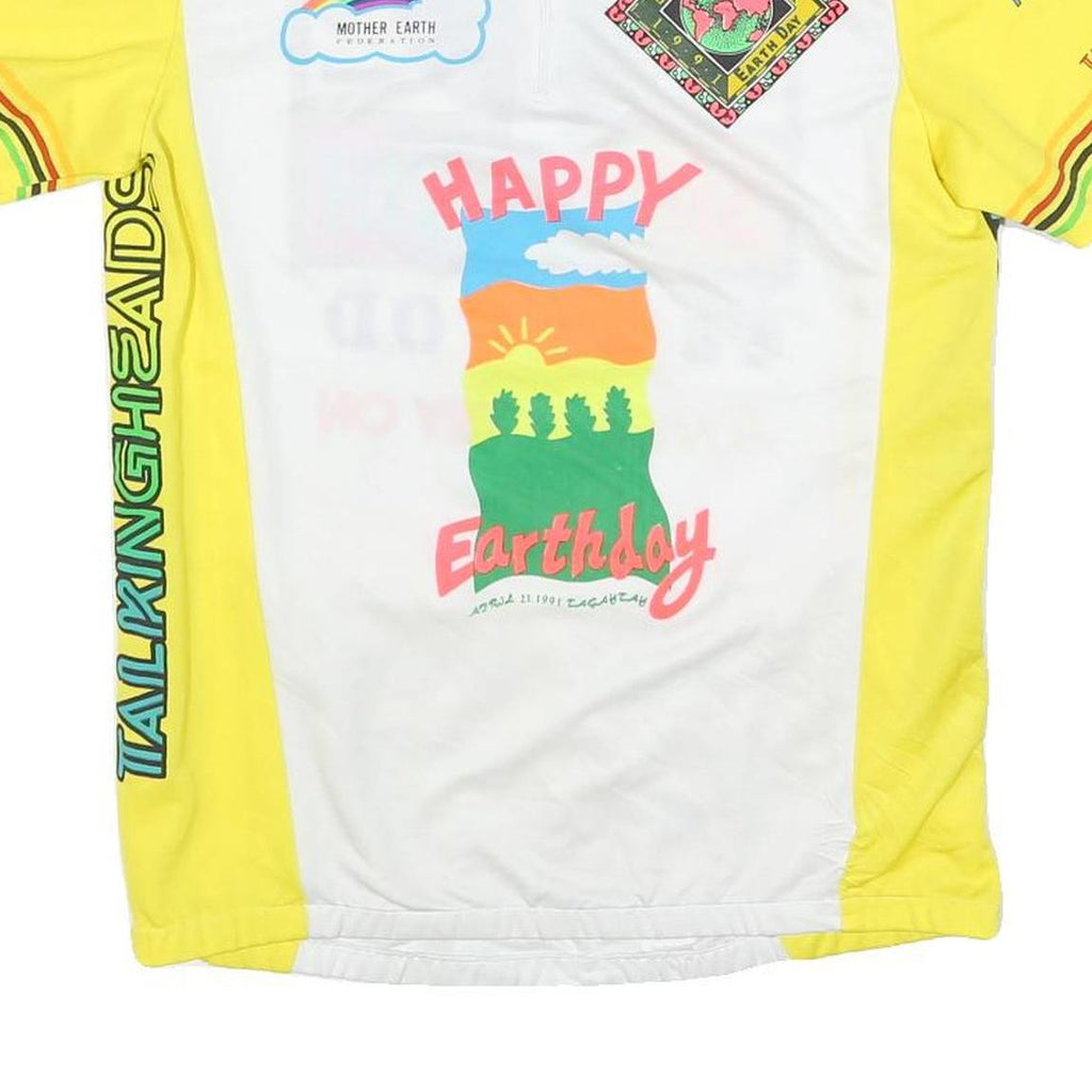 Mens White & Yellow Graphic T-Shirt L Short Sleeve Crew Neck Save Earth